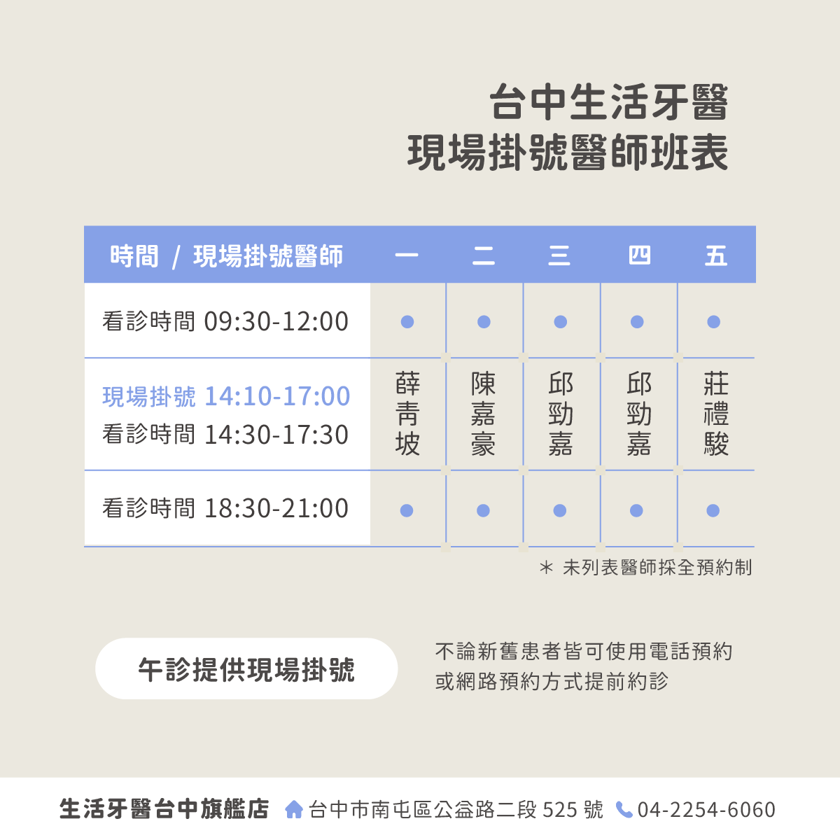 生活牙醫台中旗艦店現場掛號醫師班表