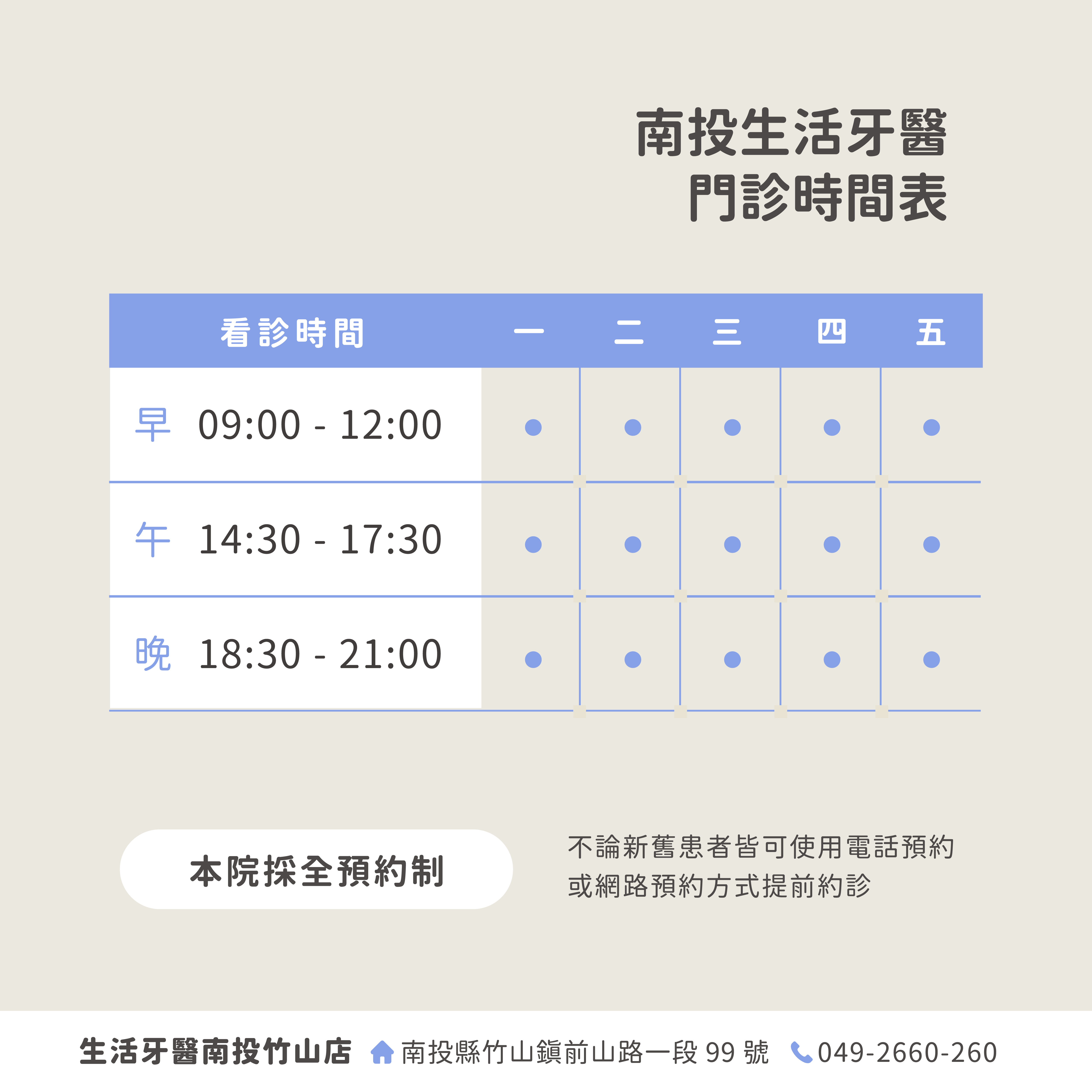 生活牙醫南投竹山店門診時間表